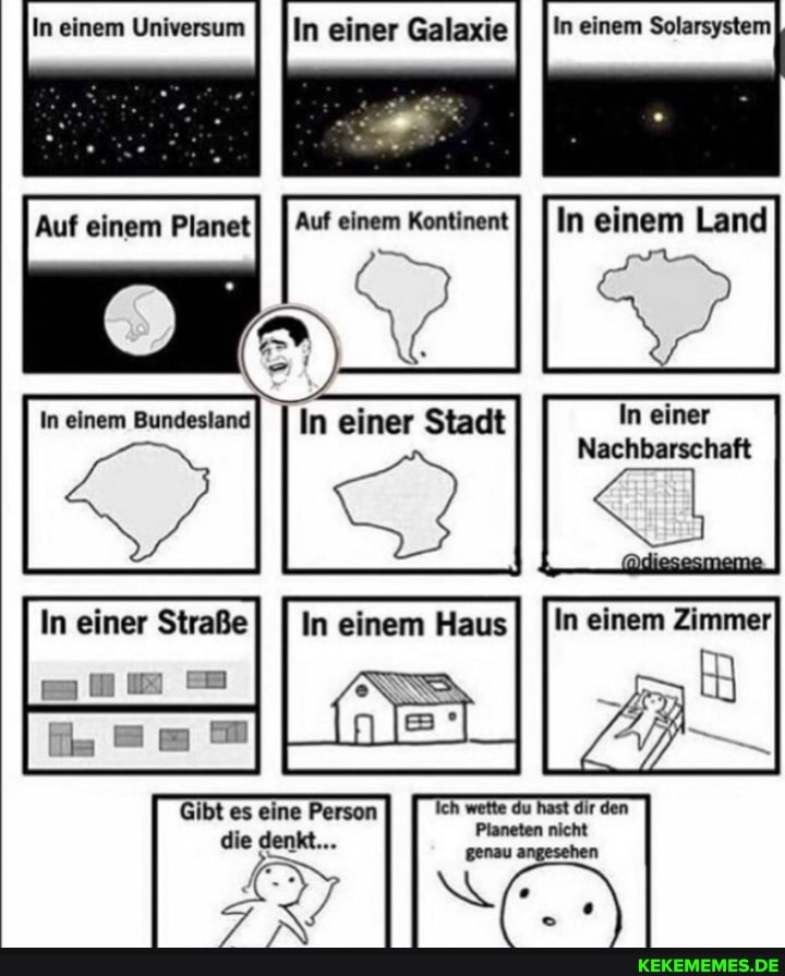 In einem Universum I In einer Galaxie I In einem Solarsystem
Auf einem PlanetI I Auf einem KontinentI I In einem Land
In einem BundeslandI I In einer Stadt In einer
Nachbarschaft
In einer Straße sun =
Gibt es eine Person die denkt...