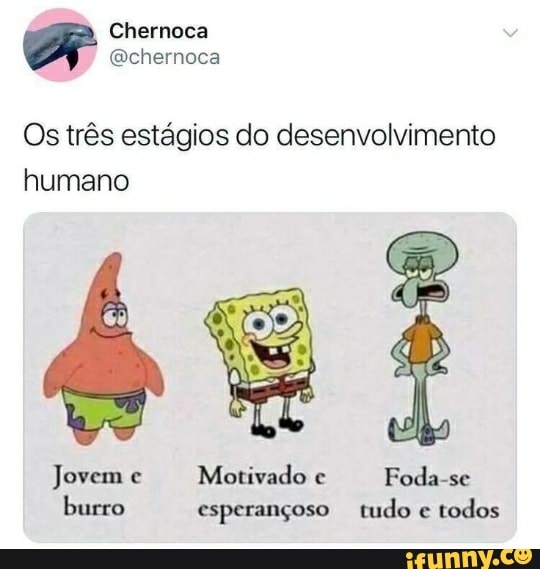 Os trés estagios do desenvolvimento
humano
Jovem e
Motivado e
Foda-se
burro esperançoso tudo e
todos