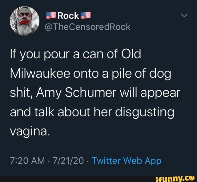 If you pour a can of Old
Milwaukee onto a pile of dog
shit, Amy Schumer will appear
and talk about her disgusting
vagina.
7:20 AM
7/21/20
Twitter Web App