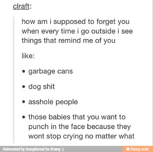 how am i supposed to forget you
when every time i go outside i see
things that remind me of you
like:
e
garbage cans
e
dog shit
e those babies that you want to
punch in the face because they
wont stop crying no matter what