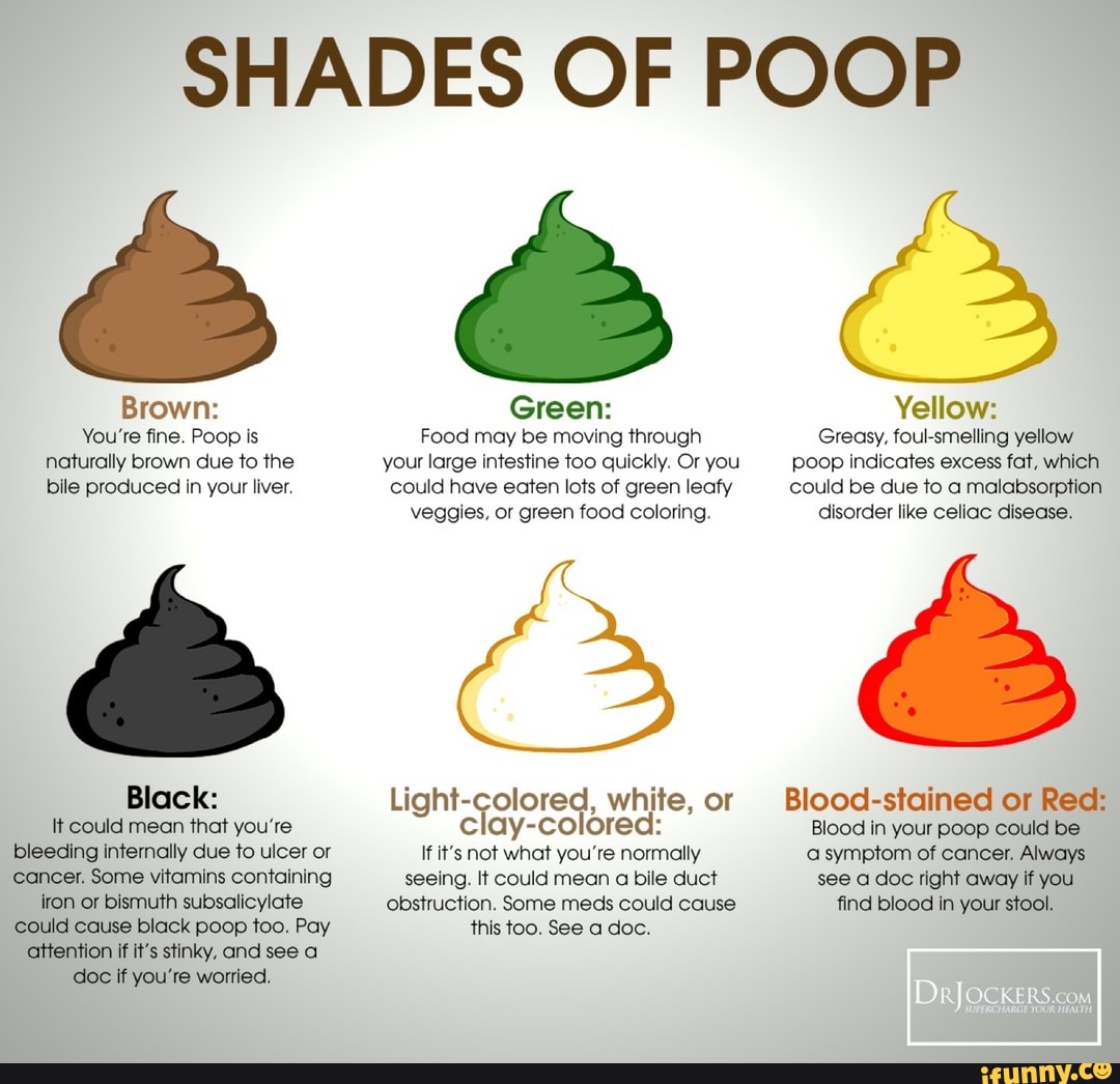 SHADES OF POOP Brown: Green: Yellow: You're fine. Poop is Food may be ...