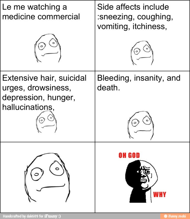 Side affects
Extensive hair, suicidal Bleeding, insanity, and
urges, drowsiness, death.
depression, hunger,
hallucinations,
Es