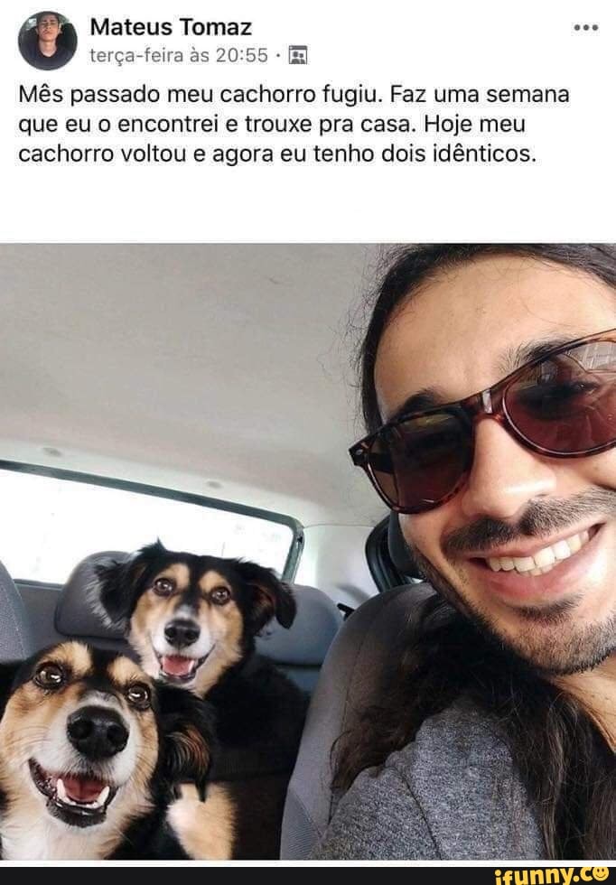 Mateus Tomaz terça-feira ss 55 Ig
Mês passado meu cachorro fugiu. Faz uma semana que eu o encontrei e trouxe pra casa. Hoje meu cachorro voltou e agora eu tenho dois idênticos.