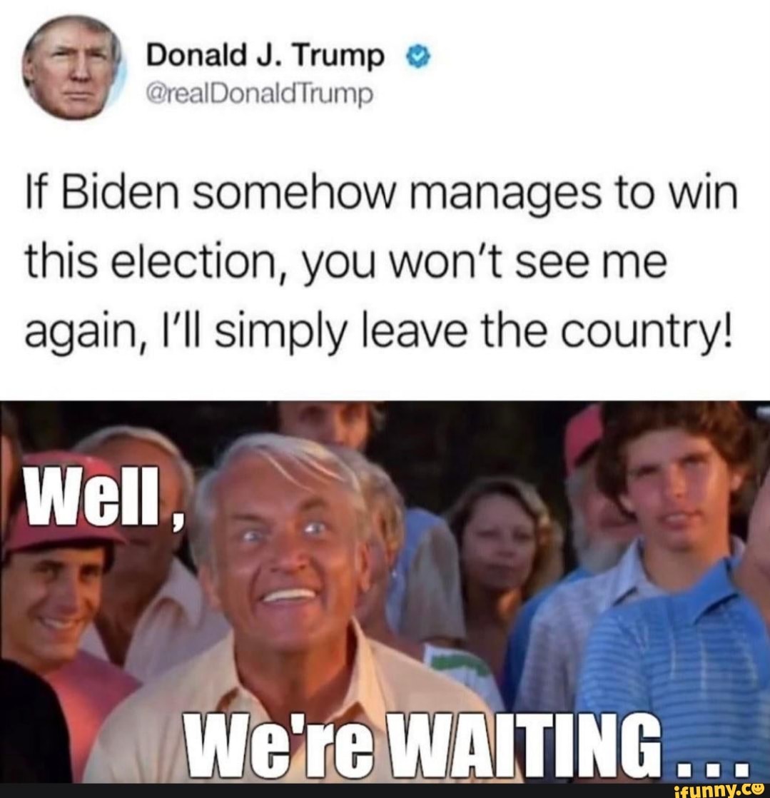 J. Trump
If Biden somehow manages to win this election, you won't see me again, I'll simply leave the country!
Well,
We're WAITING...