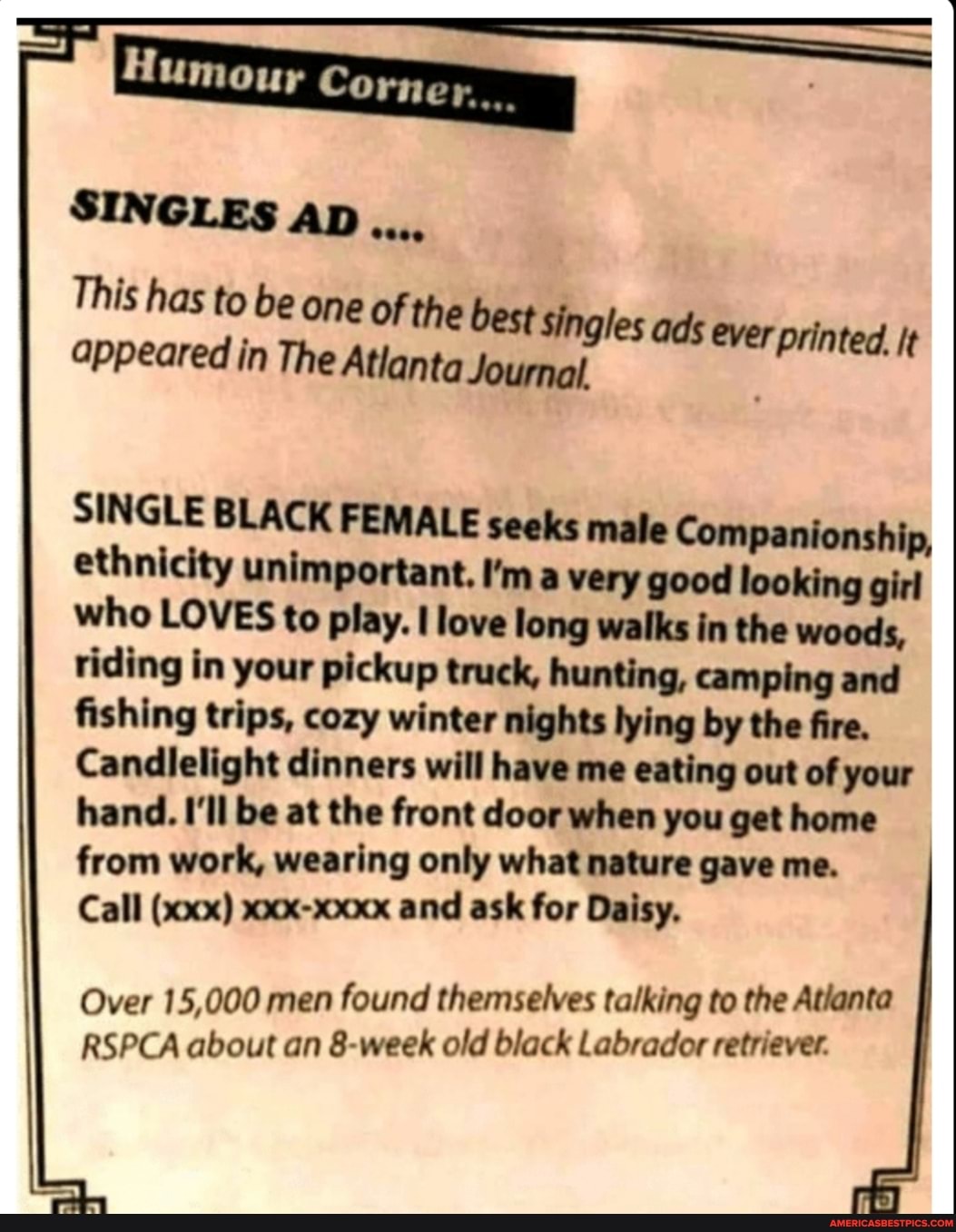 Humour
SINGLES AD
This has to appeared be in one The of the best lo singles ads ever printed. It appeared in The Atlanta Journal.
SINGLE BLACK FEMALE seeks male Companionship, ethnicity unimportant. ma very good looking girl who LOVES to play. I love long walks in the woods, riding in your pickup truck, hunting, camping and fishing trips, cozy winter nights lying by the fire.
Candlelight dinners will have me eating out of your hand. I'll be at the front door when you get home from work, wearing only what nature gave me.
Call (xxx) xxx-200cx and ask for Daisy.
Over 15,000 men found themselves talking to the Atlanta
RSPCA about an 8-week old black Labrador retriever.