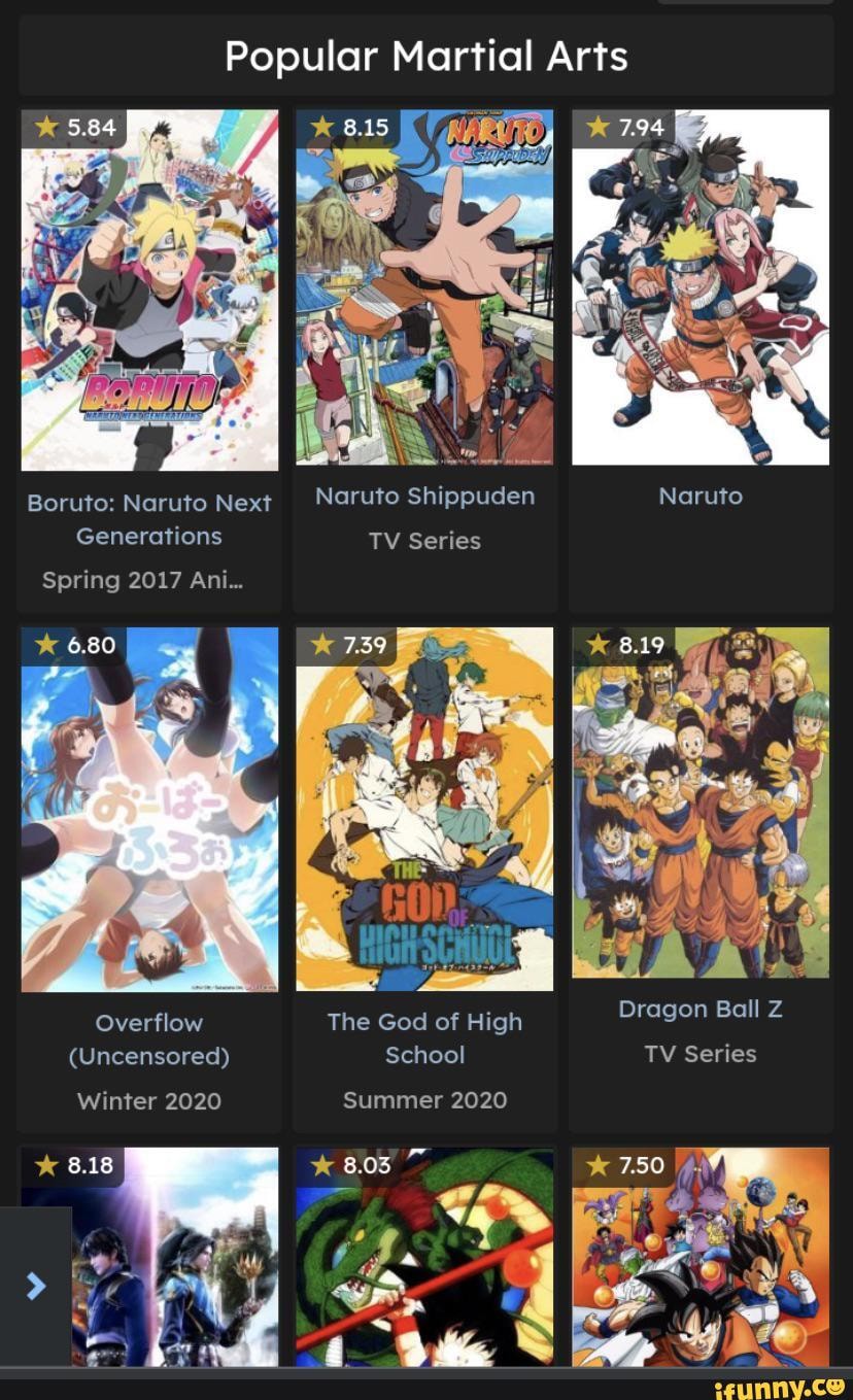 Popular Martial Arts Boruto: Naruto Next Naruto Shippuden Naruto  Generations TV Series Spring 2017 Ani... 6.80 Overflow The God of High  Dragon Ball Z (Uncensored) School TV Series Winter 2020 Summer 2020 - iFunny