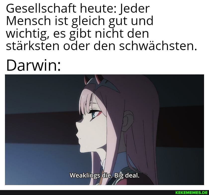 Gesellschaft heute: Jeder
Mensch ist gleich gut und wichtig, es gibt nicht den
stärksten oder den schwächsten.
Darwin:
Weaklings die. Big deal.