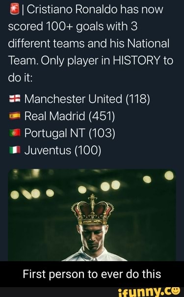 I Cristiano Ronaldo has now scored 100+ goals with 3 different teams and his National
Team. Only player in HISTORY to do it:
Manchester United (118)
Real Madrid (451)
Portugal NT (103)
Juventus (100)
ewe tl
First person to ever do this