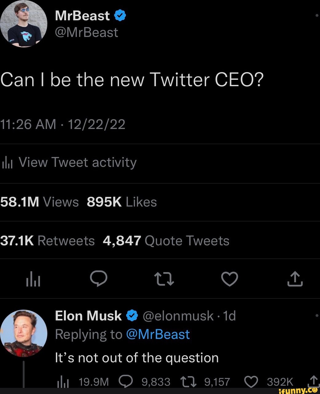 MrBeast \Ce) @MrBeast Can I be the new Twitter CEO? AM - il View Tweet ...