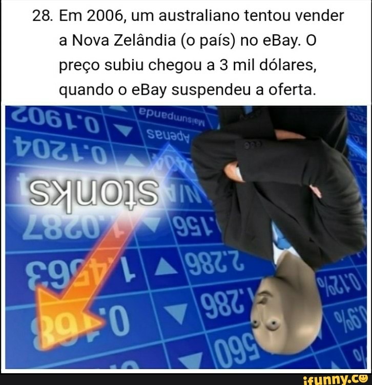 28. Em 2006, um australiano tentou vender
a Nova Zelândia (o país) no eBay. O
preço subiu chegou a 3 mil dólares,
quando o eBay suspendeu a oferta.