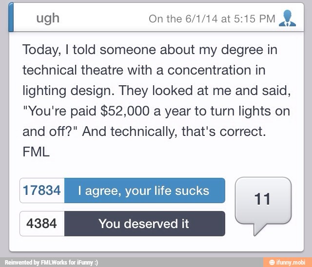 ugh On the 6/1/14 at 5:15 PM
as
Today, I told someone about my degree in
technical theatre with a concentration in
lighting design. They looked at me and said,
"You're paid $52,000 a year to turn lights on
and off?" And technically, that's correct.
ERA I agree, your life sucks
11