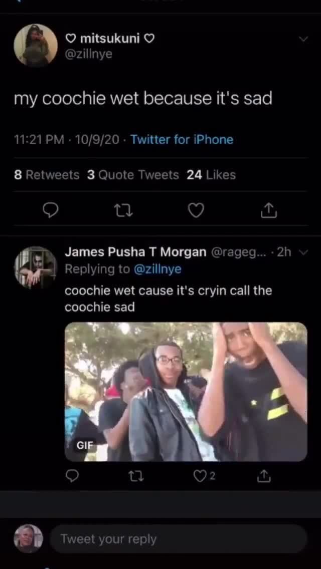 My Coochie Wet Because It S Sad Pm Twitter For Iphone Relwests Quote Tweets 24 Likes 9 Tl Ra James Pusha T Morgan Rageg Replying To Zillnye Coochie Wet Cause It S Cryin Call