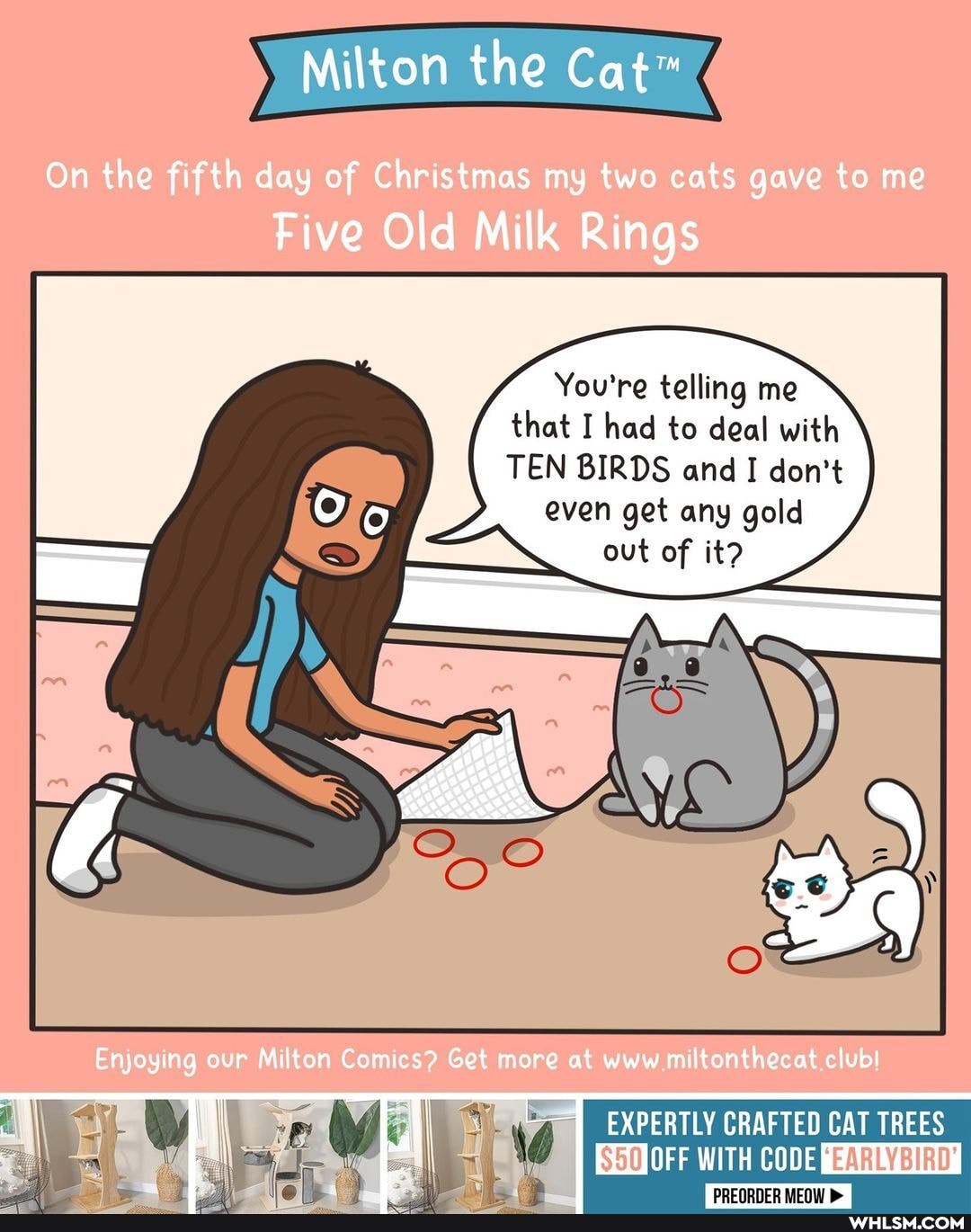 Milton the
On the fifth day of Christmas my two cats gave to me
Five Old Milk Rings
You're telling me that I had to deal with
TEN BIRDS and I don't even get any geld out af it?
Enjoying our ton Comes? Get more at www miltonthecat clubl
CAT TREES
WITH CODE