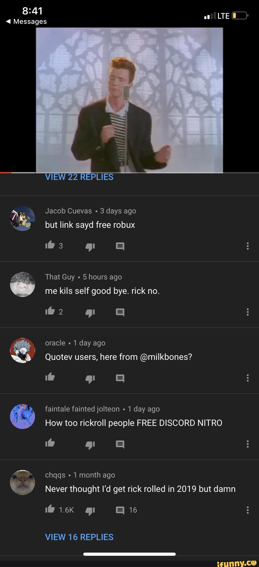 How Too Rickroll People Free Discord Nitro Never Thought I D Get Rick Rolled In 2019 But Damn G1 I 1 6k I A 16 Ifunny - how to get robux for free discord link