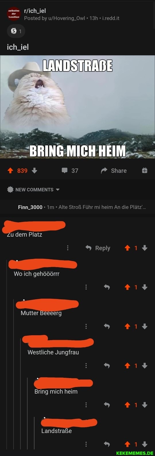 ich_iel
LANDSTRABE
BRING CH HE I-
37 f? Share &
NEW COMMENTS v
Finn_3000 - Alte Stroß Führ mi heim An die Plätz
Zu dem Platz
Reply
Wo ich gehööörrr
Mutter Beeeerg
Westliche Jungfrau
Bring mich heim
Landstraße