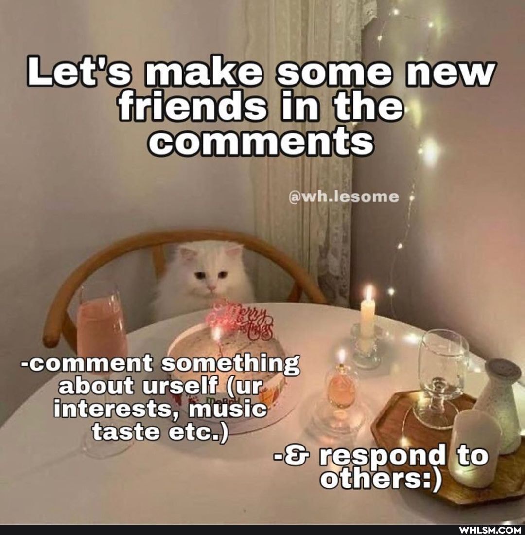 Let's make some new friends in the comments
-comment something about urself (ur interests, music taste etc.) respond to others:)