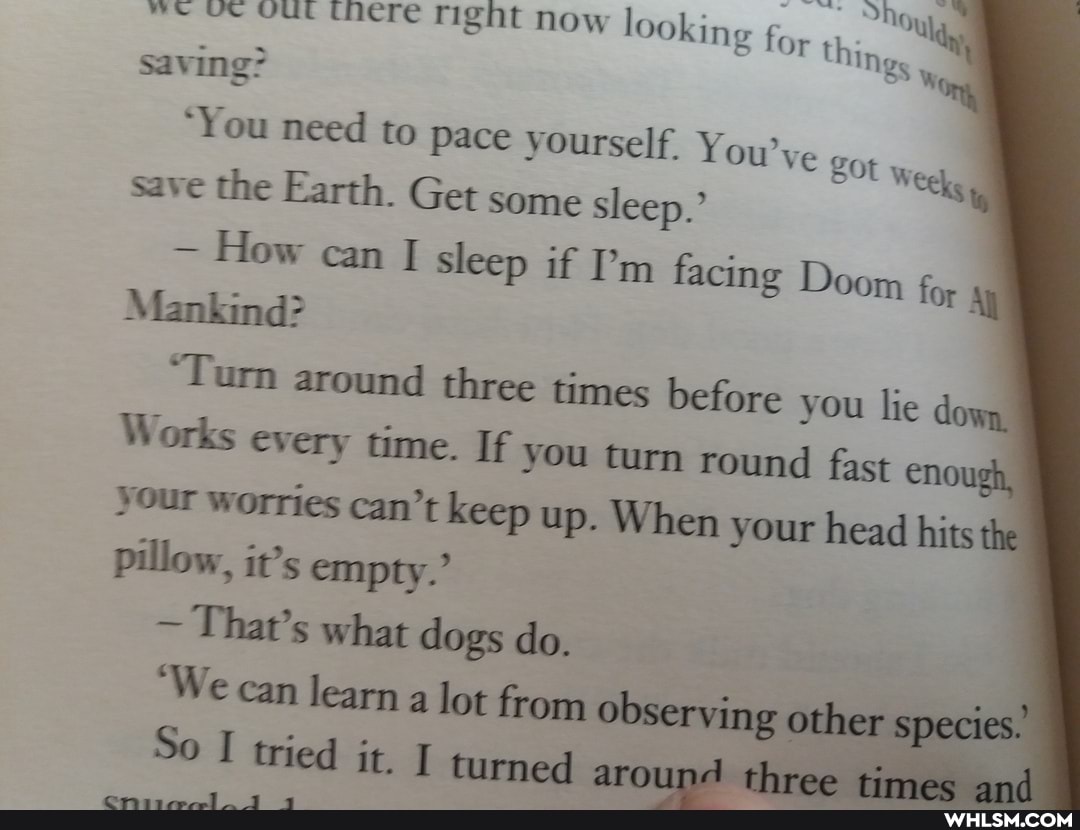 me saving? Te right now looking for thin 'St
Orc
We saving?
"You need to pace yourself. You'ye save the Earth. Get some sleep.'
- How can sleep if I'm facing
Mankind? facing Doom for
"Turn around three times before you lie down,
Works every time. If you turn round fast enough, your worries can't keep up. When your head hits th pillow, it's empty.'
~ That's what dogs do.
'We can learn a lot from observing o:
So I tried it. I turned around three
w Ceks
m facing Doom for sy