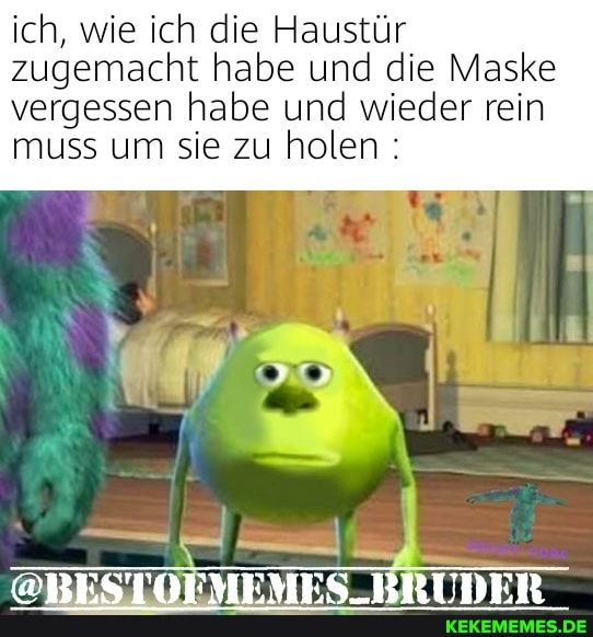 ich, wie ich die Haustür zugemacht habe und die Maske vergessen habe und wieder rein muss um sie zu holen
@BESTOFMEMES_BRUDER