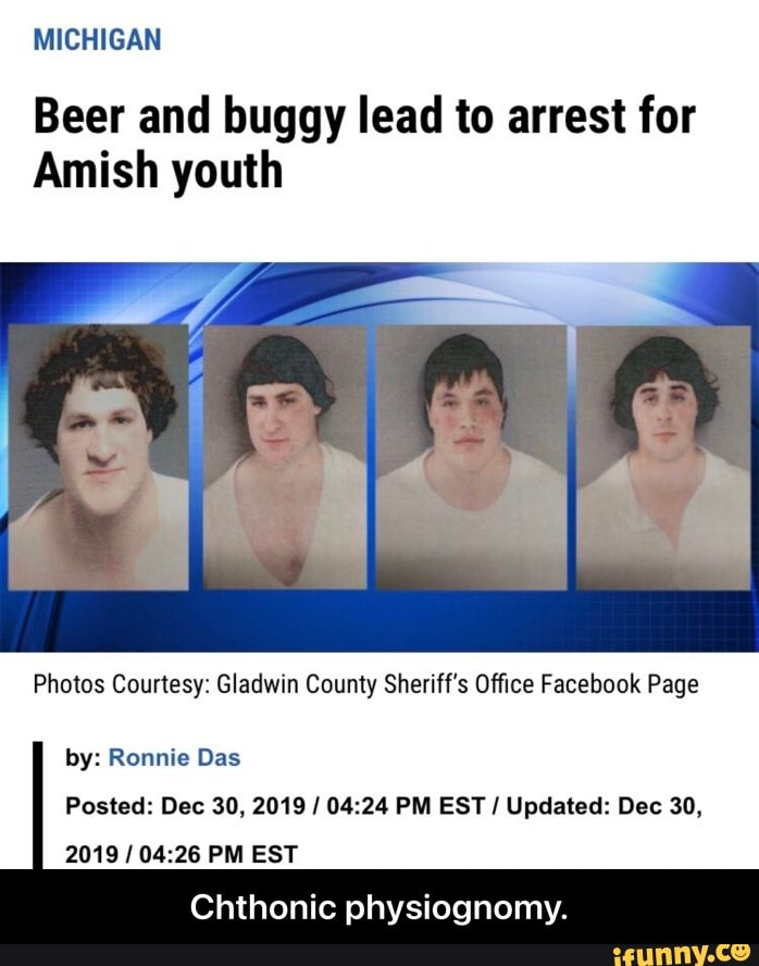 MICHIGAN
Beer and buggy lead to arrest for
Amish youth
Photos Courtesy: Gladwin County Sheriff's Office Facebook Page
by: Ronnie Das
Posted: Dec 30, 2019 / PM EST / Updated: Dec 30,
2019 / PM EST
Chthonic physiognomy. - Chthonic physiognomy.
