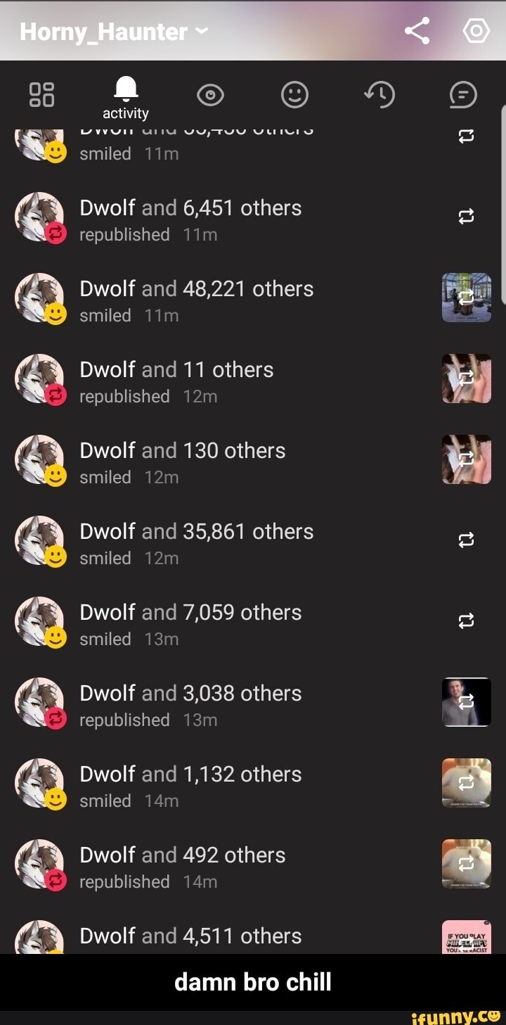 Horny
activity
verte verre smiled
Dwolf and 6,451 others 2 republished
Dwolf and 48,221 others
@ Dwolf and 48,221 others res!
smiled
Dwolf and 11 others republished
Q Dwolf smiled and 130 others ww I
smiled
Q Dwolf smiled and 35,861 others smiled
Q Dwolf smiled and 7,059 others
smiled
Dwolf and 3,038 others republished
Q Dwolf smiled and 1,132 others smiled -
@Q Dwolf and republished 492 others republished
Dwolf and 4,511 others
damn bro chill - damn bro chill