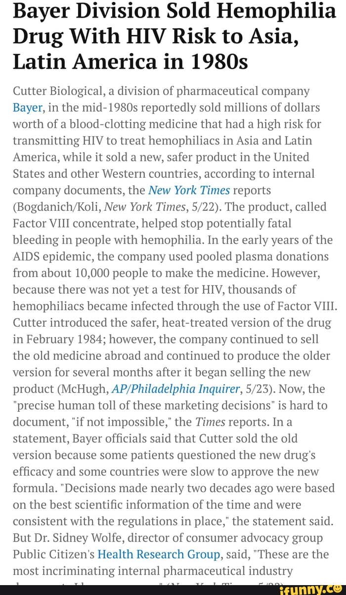 Bayer Division Sold Hemophilia Drug With HIV Risk to Asia, Latin