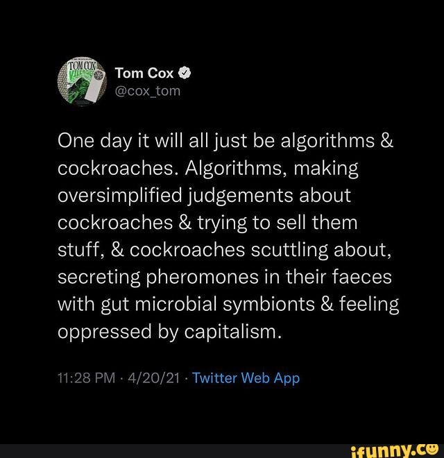 Tom Cockroach Tom Cox @ @cox tom One day it will all just be algorithms & cockroaches ...