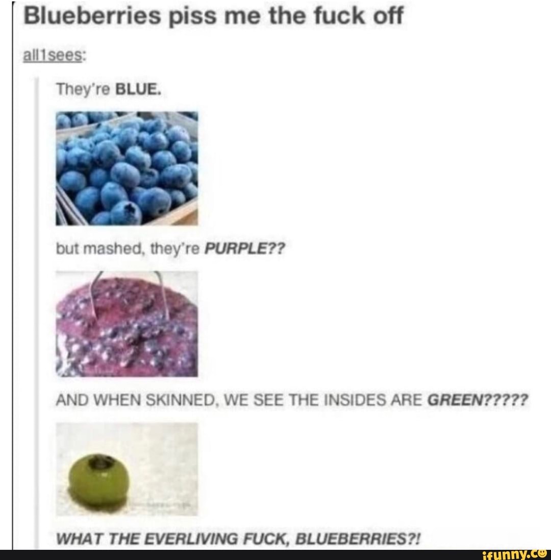 Blueberries piss me the fuck off
alllsees:
They're BLUE.
but mashed, they're PURPLE??
AND WHEN SKINNED, WE SEE THE INSIDES ARE GREEN???7?
WHAT THE EVERLIVING FUCK, BLUEBERRIES?!