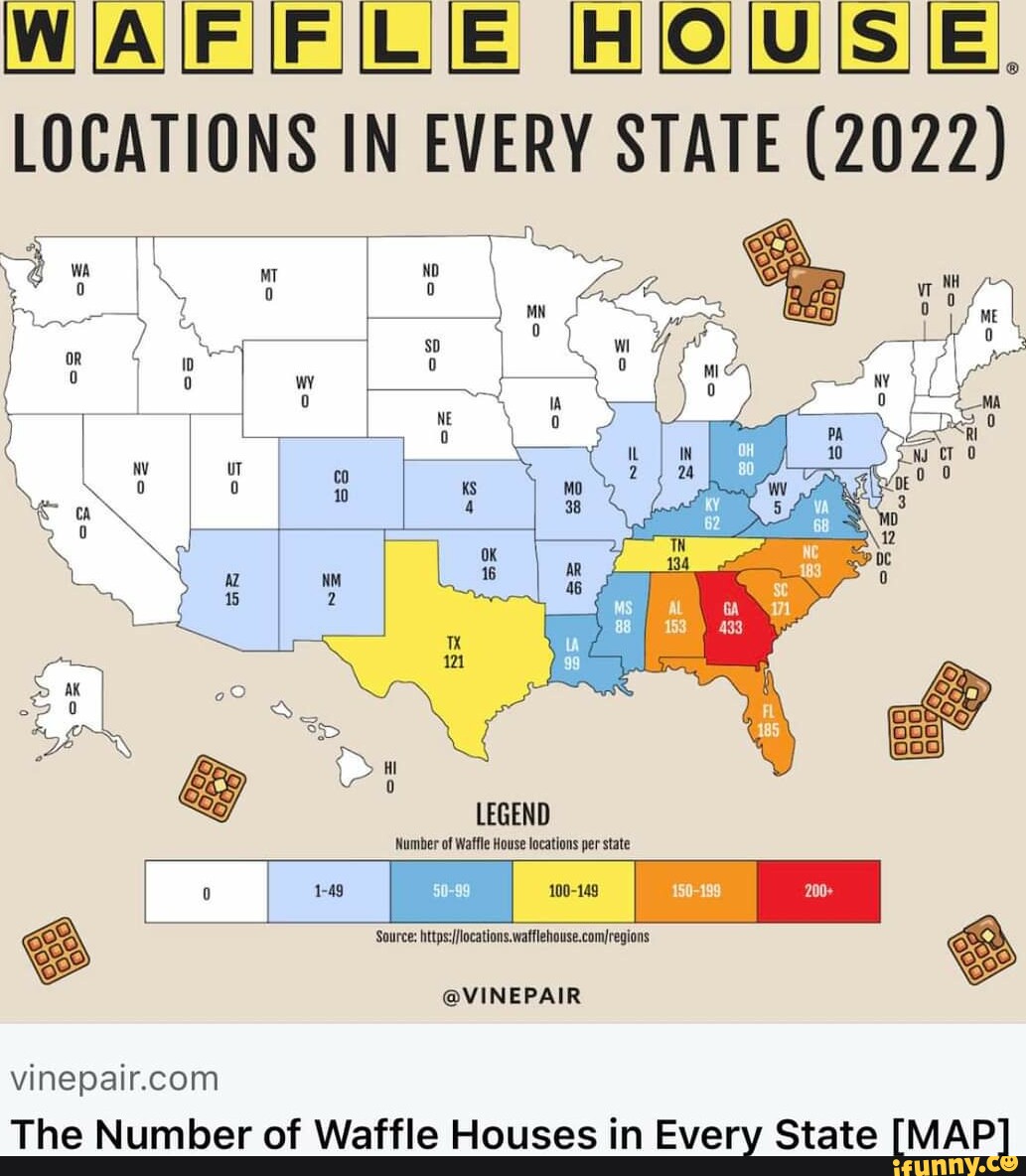 WAFFLE HOUSE. LOCATIONS IN EVERY STATE (2022) LEGEND Number of Waffle