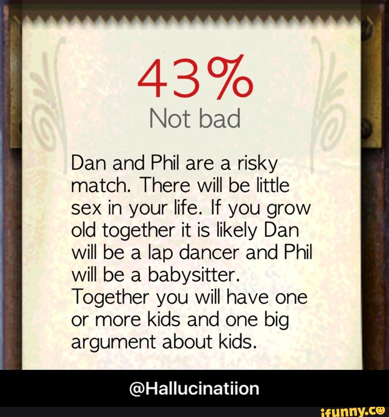 43%
Not bad
Dan and Phil are a risky
match. There Will be little
sex in your life. If you grow
old together it is likely Dan
will be a lap dancer and Phil
will be a babysitter.
Together you will have one
or more kids and one big
argument about kids.
@Hallucinatiion - @Hallucinatiion