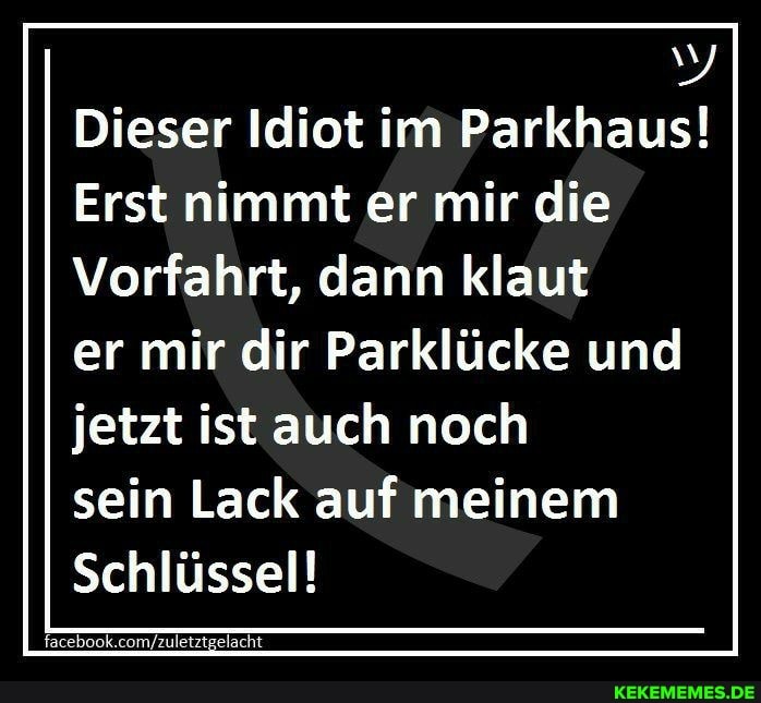 Dieser Idiot im Parkhaus!
Erst nimmt er mir die
Vorfahrt, dann klaut
er mir dir Parklücke und jetzt ist auch noch
sein Lack auf meinem
Schlüssel!