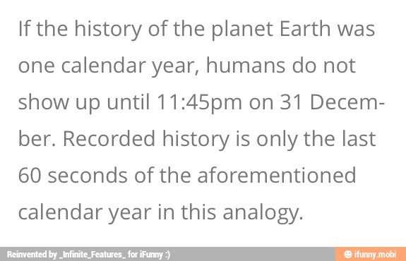 If the history of the planet Earth was
one calendar year, humans do not
show up until 11:45pm on 31 Decem-
ber. Recorded history is only the last
60 seconds of the aforementioned
calendar year in this analogy.