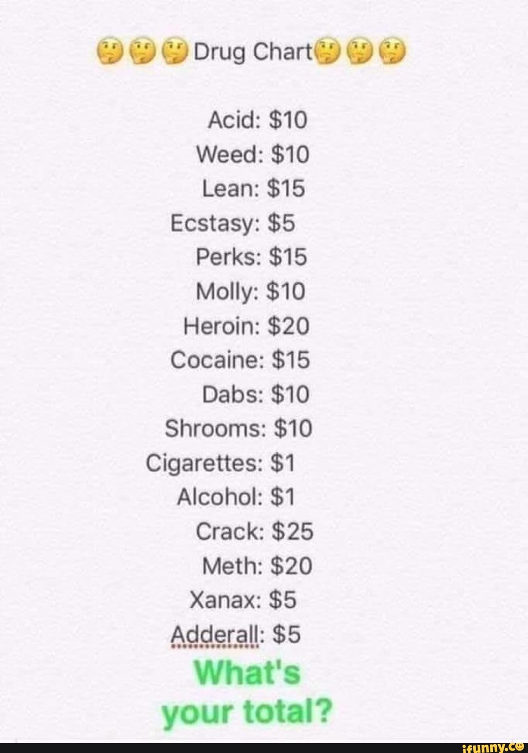 Ecstasy: $5
Perks: $15
Molly: $10
Heroin: $20
Cocaine: $15
Shrooms: $10
Cigarettes: $1
Alcohol: $1
Crack: $25
your total?