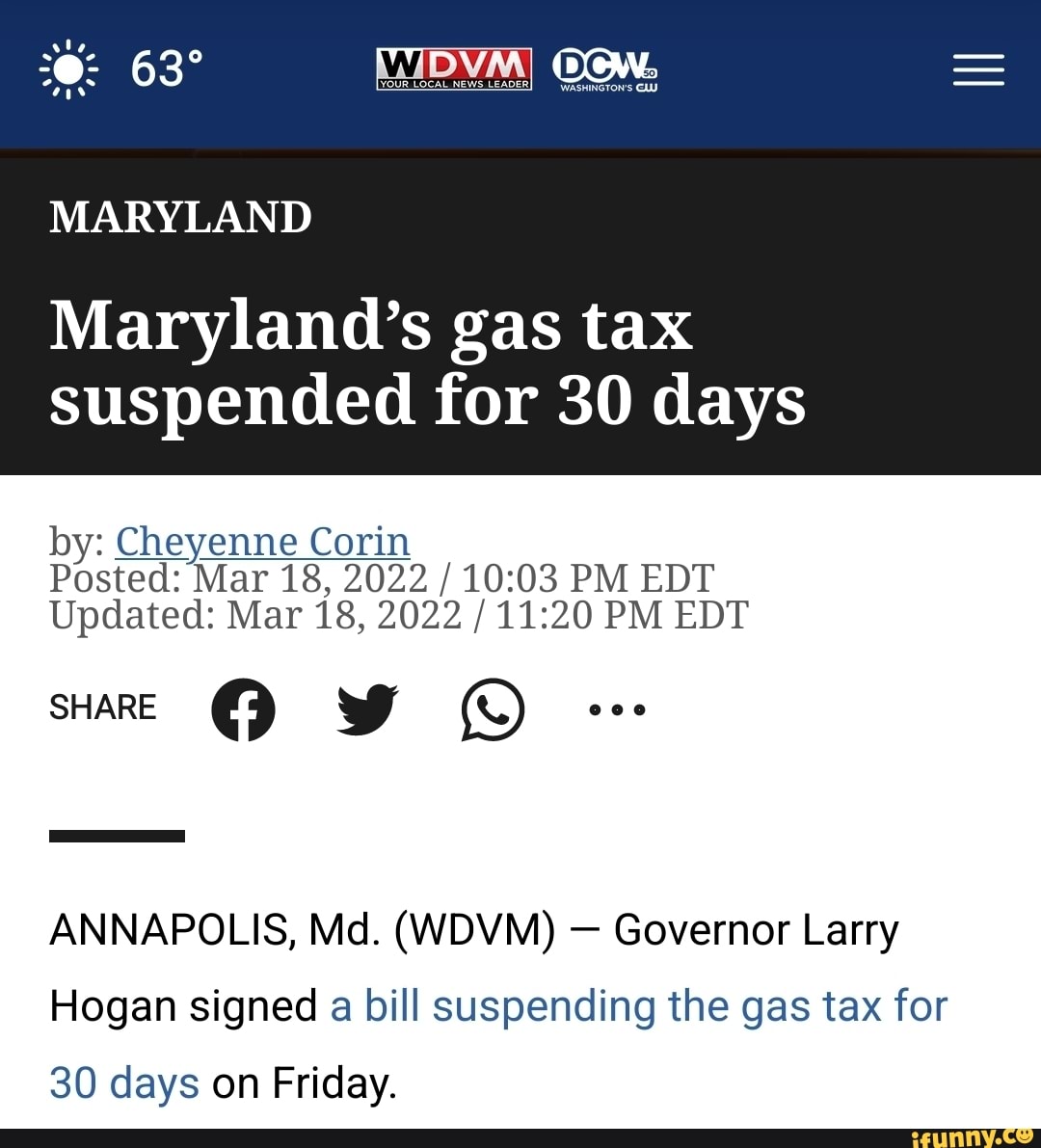 Ale 63 MARYLAND Maryland's Gas Tax Suspended For 30 Days By: Cheyenne ...