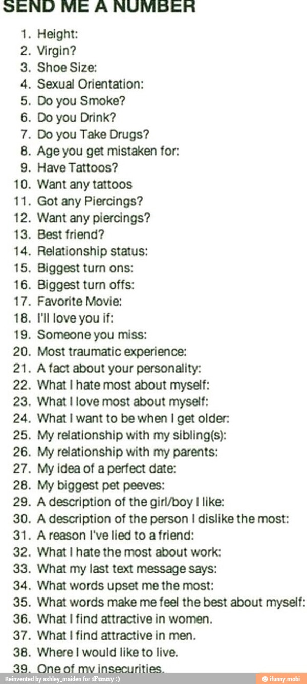 SEND ME A NUMBER TS Shoe Size: Sexual Orientation: Do you Smoke? Do you ...