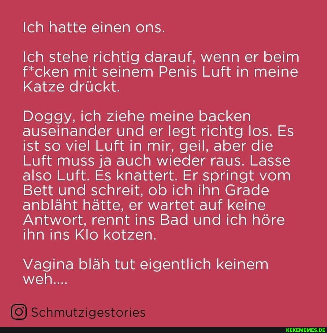Ich hatte einen ons.
Ich stehe richtig darauf, wenn er beim f*cken mit seinem Penis Luft in meine
Katze drückt.
Doggy, ich ziehe meine backen auseinander und er legt richtg los. Es ist so viel Luft in mir, geil, aber die
Luft muss ja auch wieder raus. Lasse also Luft. Es knattert. Er springt vom
Bett und schreit, ob ich ihn Grade anbläht hätte, er wartet auf keine
Antwort, rennt ins Bad und ich höre ihn ins Klo kotzen.
Vagina bläh tut eigentlich keinem weh....
Schmutzigestories