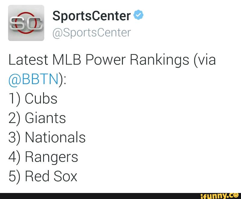 A SportsCenter
@SportsCemter
Latest MLB Power Rankings (via
@BBTN):
1) Cubs
2) Giants
3) Nationals
)