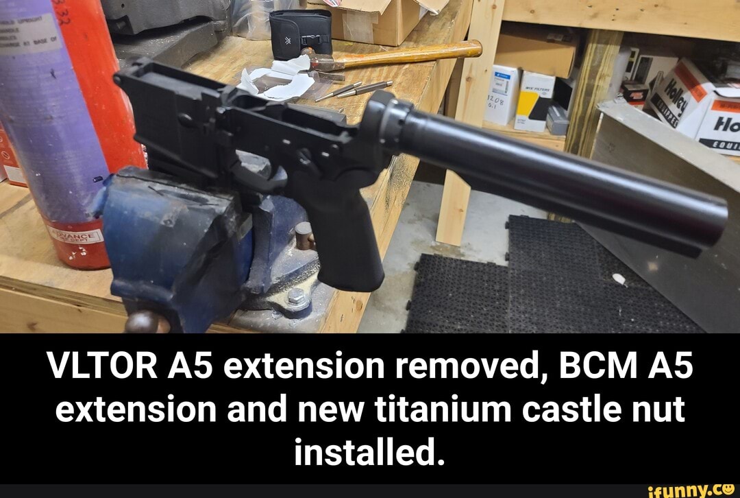 extension and new titanium castle nut
installed. - VLTOR A5 extension removed, BCM A5 extension and new titanium castle nut installed.