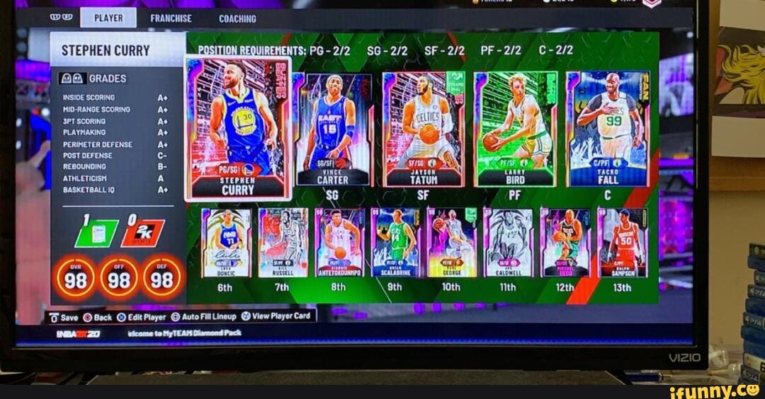 ow FRANCHISE COACHING
STEPHEN CURRY
GRADES
INSIDE ScORING Ae
@ _IO-RANGE scorING Ae
SCORING Ae
PLAYMAKING Ae
PERIMETER DEFENSE Ae
POST DEFENSE c-
REBOUNDING B-
ATHLETICISH A
Save OBack Edit Player @ AutoFili Lineup View Pleyer Card
INBA 20 elcame to MyTEAM Diamond Pack