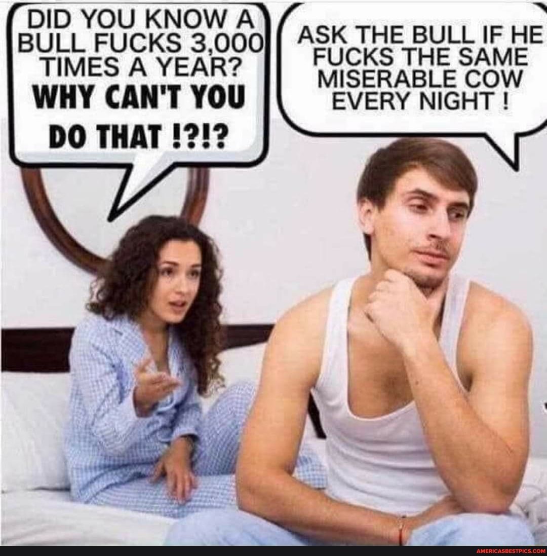 ASK THE BULL IF HE FUCKS THE SAME MISERABLE COW
EVERY NIGHT !
DID YOU KNOW A BULL FUCKS 3,000
TIMES A YEAR?
WHY CAN'T YOU DO THAT