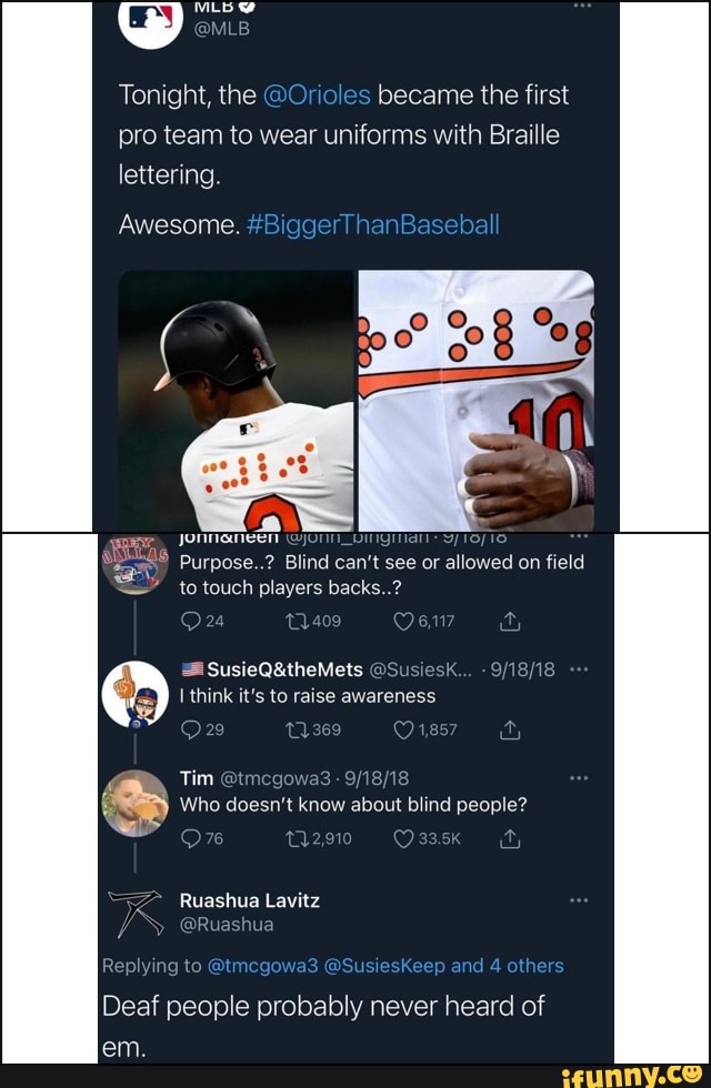 Tonight, the @Orioles became the first pro team to wear uniforms with Braille lettering.
Awesome. rT hanBaseball
JONNANEEN WOT_VINIGIIAI!
Purpose..? Blind can't see or allowed on field
to touch players backs..?
@S' sk
I think it's to raise awareness
29 (1369
Tim @tmcgowa3 8
Who doesn't know about blind people?
112,910
@Ruashua
Replying to @trr SusiesKeep and others
Deaf people probably never heard of em.