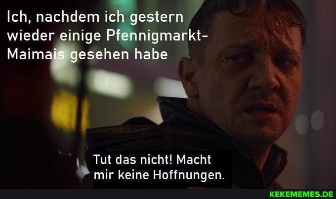 Ich, nachdem ich gestern wieder einige Pfennigmarkt-
Maimais gesehen habe
Tut das nicht! Macht mir keine Hoaffnunnen.