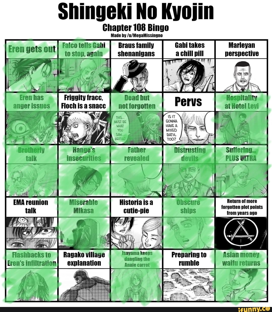 Shingeki No Kyojin
Chapter 108 Bingo
Made by
Falco tells Gabi Braus family Gabi takes Marleyan
Eren to stop, _a bill
"Father Distrustian Sufferin., talk insecurities revealed
IMA reunion Miserable Historia is a talk cutie-pie from years.ago to Ragako villaye Prenaring ta to asian money.
Eren's infiltration explanation AinieCarril _ Fumble returns