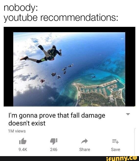 nobody:
youtube recommendations:
I'm gonna prove that fall damage Y
doesnt exist
1M views