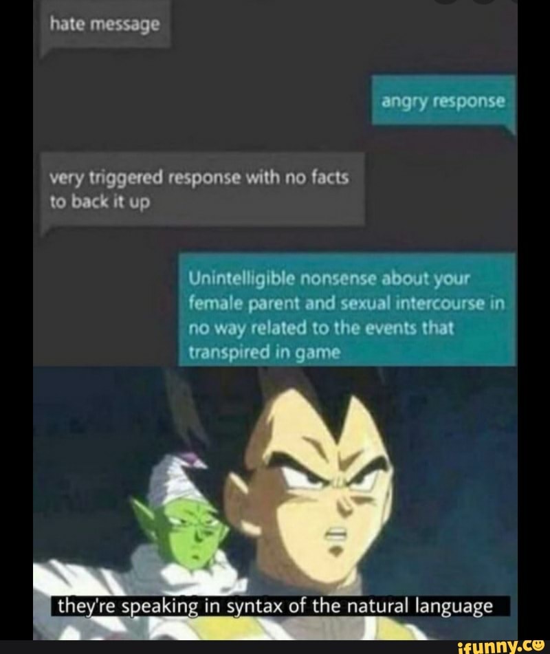 hate message
angry response
very triggered response with no facts to back it up
Unintelligible nonsense about your female parent and sexual intercourse in no way related to the events that transpired in game
they're re speaking in syntax of the natural language
