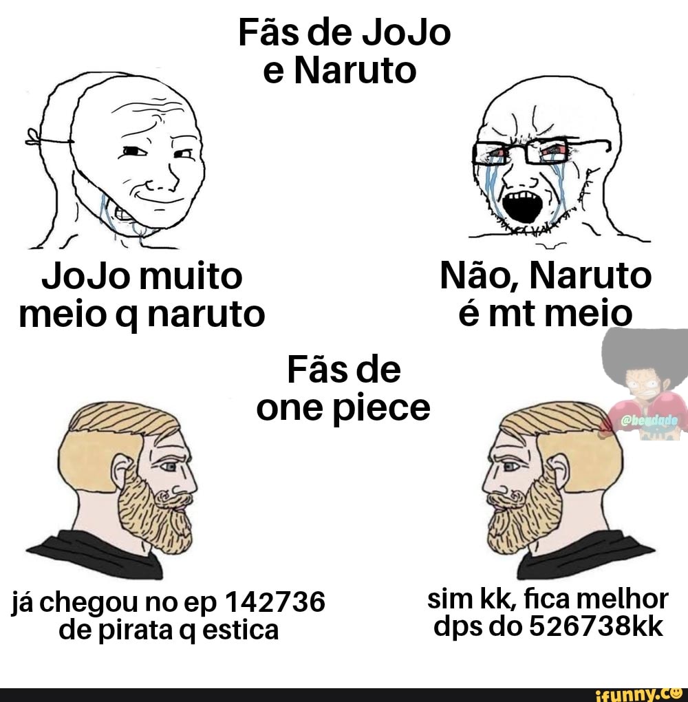 Fãs de JoJo
e Naruto
Não,
meio q naruto é mt meio
Fãs de
one piece
já chegou no ep 142736 sim kk, fica melhor
de pirata q estica dps do 526738kk