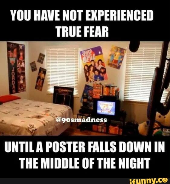YOU HAVE NOT EXPERIENCED
TRUE FEAR
UNTIL A POSTER
FALLS
DOWN
IN
THE MIDDLE OF THE NIGHT