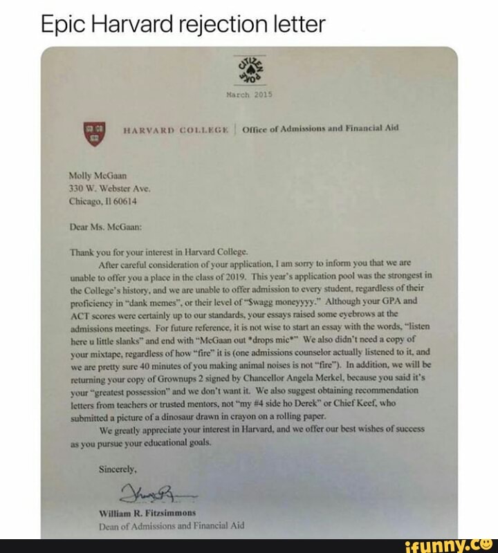 Epic Harvard Rejection Letter - IFunny