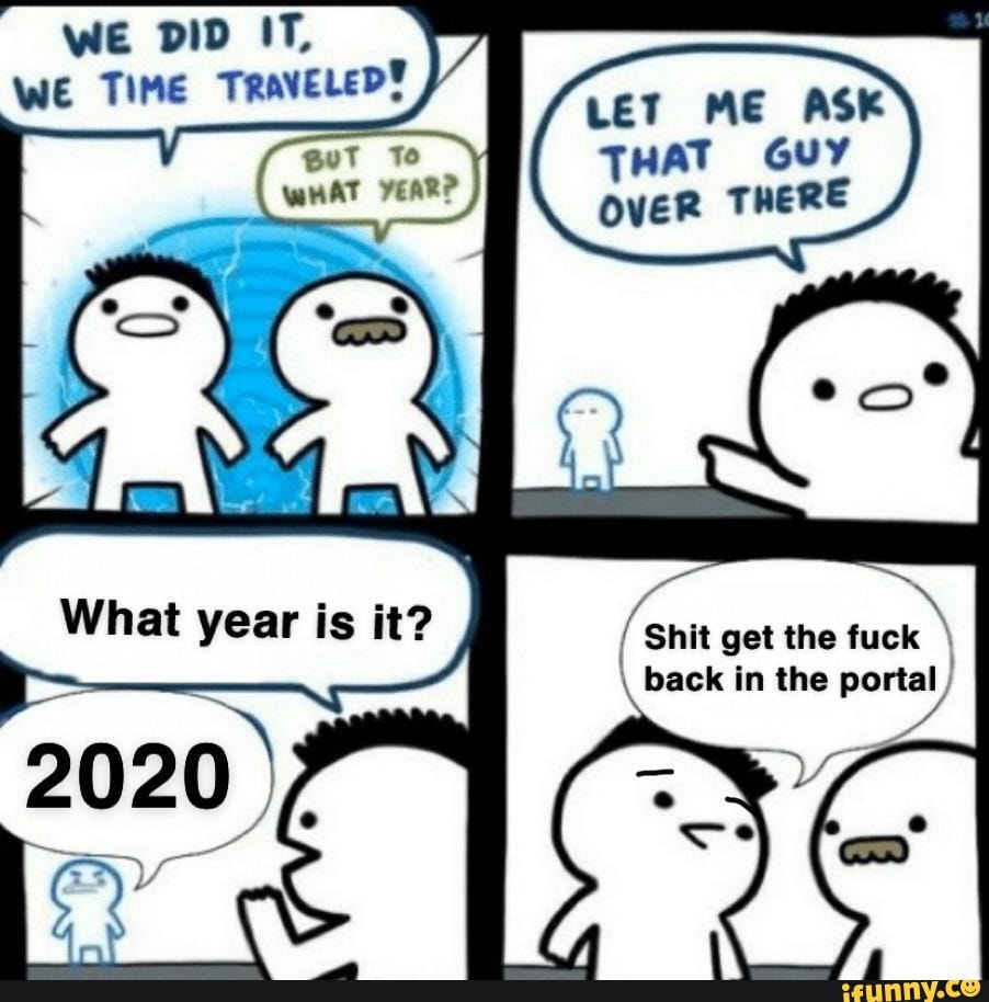 WE DID IT,
We TIME LET ME ASE
THAT GUY wHAT YEAR? OveR THERE
Shit get the
\ back in the portal }