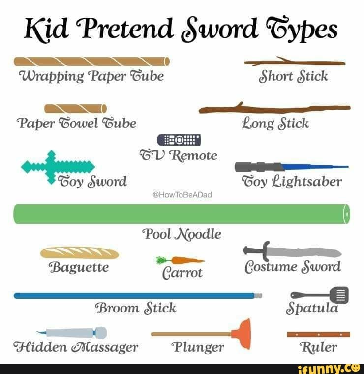 Kid Pretend Gypes
Wrapping Paper Gube Short Stick
Paper Gowel Gube Long Stick
Remote
Goy Sword Goy Lightsaber
@HowToBeADad
Pool Noodle
Baguette Carrot Costume Sword
Broom Stick Spatula
Bidden Massager 'Plunger 'Ruler