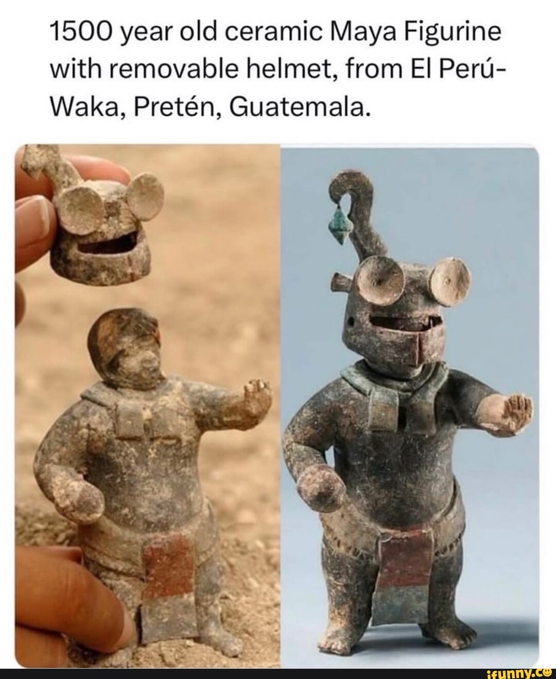 1500 year old ceramic Maya Figurine with removable helmet, from El Peru